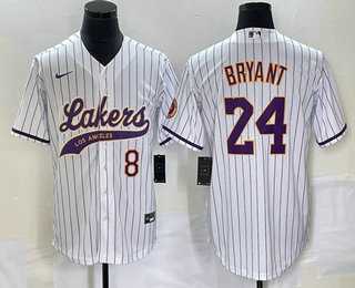 Men%27s Los Angeles Lakers #8 #24 Kobe Bryant White Pinstripe With Patch Cool Base Stitched Baseball Jersey->los angeles lakers->NBA Jersey